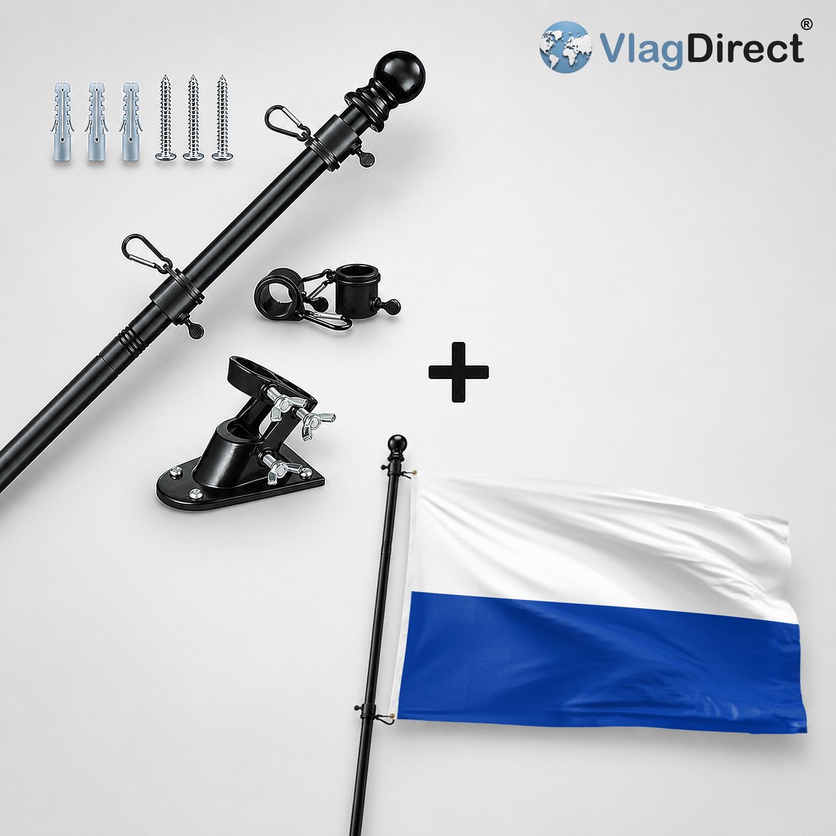 VlagDirect - Compleet vlaggenpakket - Zwarte vlaggenstok inclusief vlaggenstokhouder + Kampen vlag - Gemeente Kampen vlag - 90 x 150 cm.