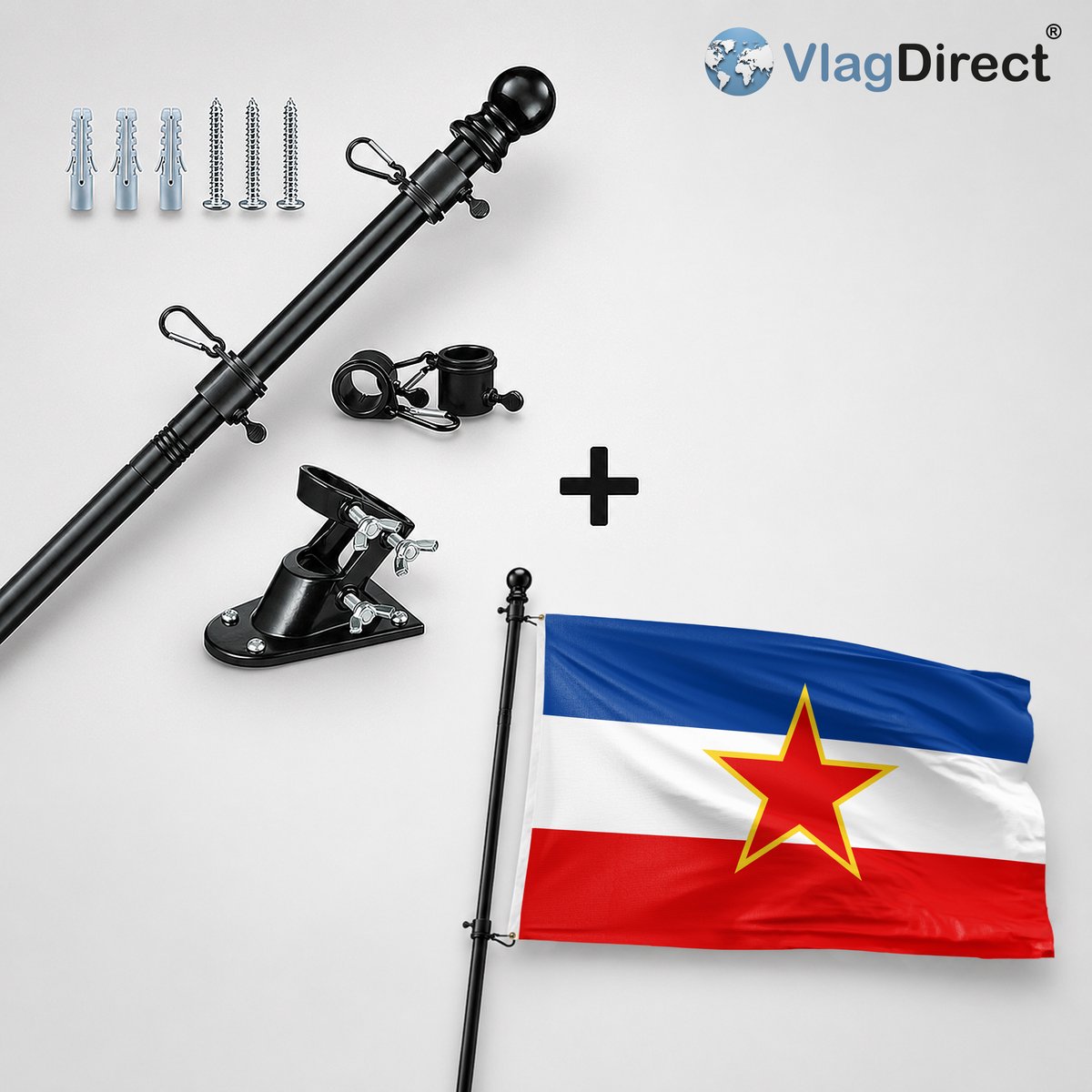 VlagDirect - Compleet vlaggenpakket - Zwarte vlaggenstok inclusief vlaggenstokhouder + Joegoslavische vlag - Joegoslavië vlag - Yugoslavia vlag - 90 x 150 cm.