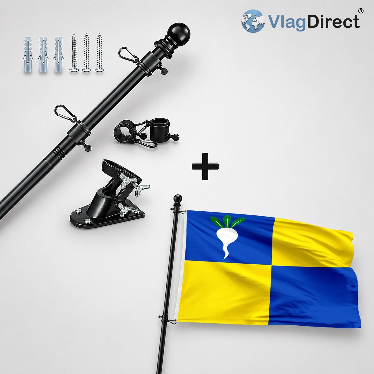 VlagDirect - Compleet vlaggenpakket - Zwarte vlaggenstok inclusief vlaggenstokhouder + Gemeente Sint-Gillis-Waas vlag - 90 x 150 cm.