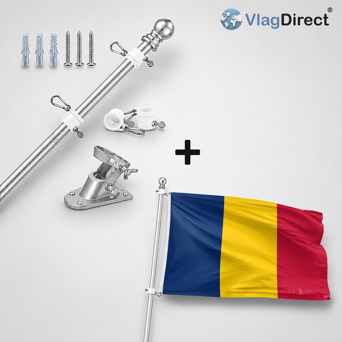 VlagDirect - Compleet vlaggenpakket - Zilveren vlaggenstok inclusief vlaggenstokhouder + Tsjadische vlag - Tsjaad vlag - 90 x 150 cm