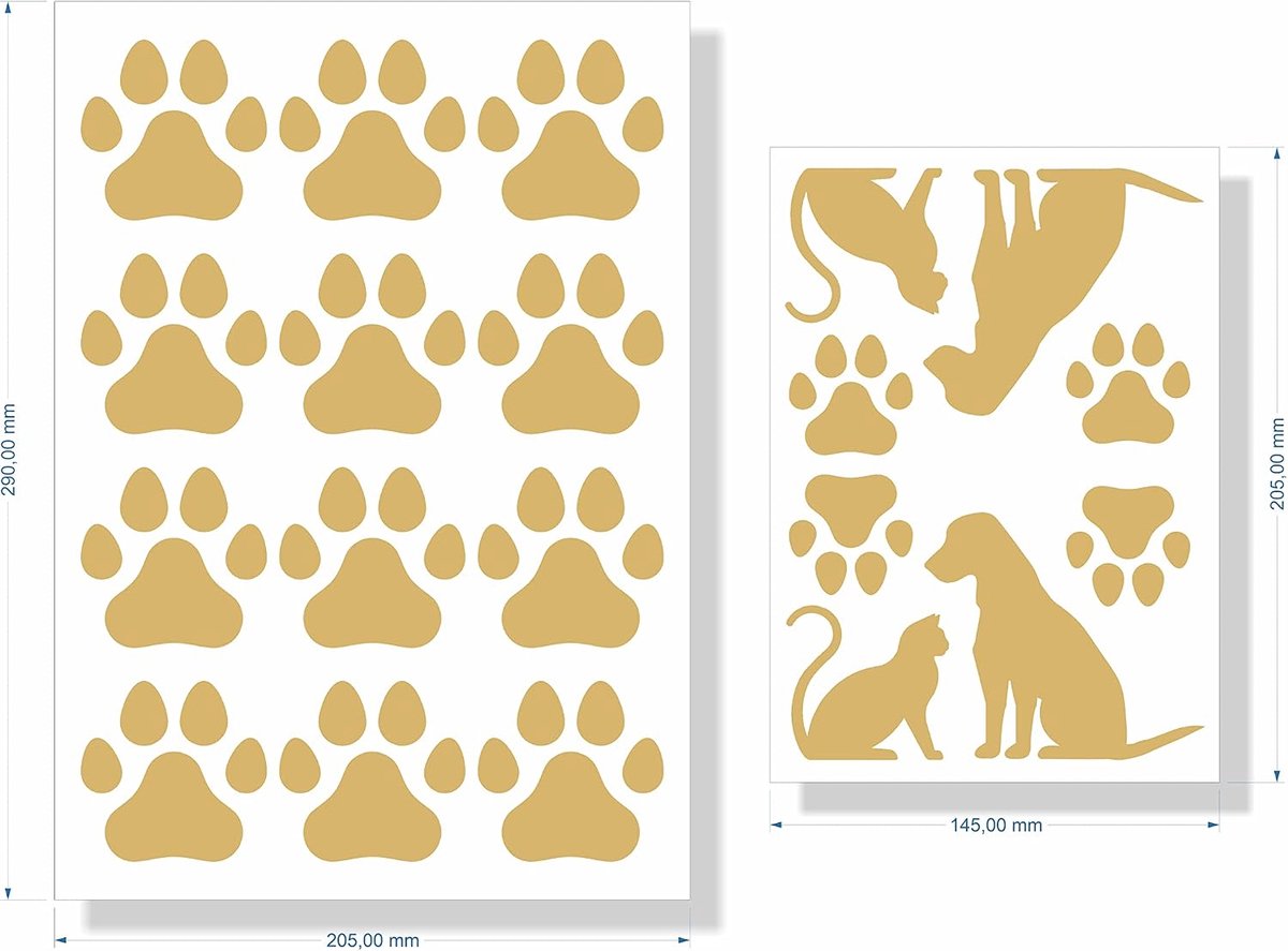 Set of 18 Paws and Cat + Dog Silhoutte, Waterproof Stickers, Dog Paws, Stickers for Car, Motorcycle, Caravan, Wall - ShopVlot