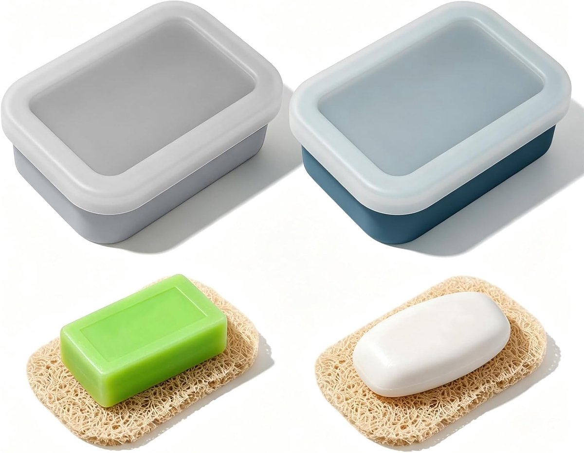 2 stuks zeepbakjes voor op reis, siliconen, 11,9 x 8,4 x 4,3 cm, lekvrije siliconen zeepdoos met afdruiplaag voor - ShopVlot