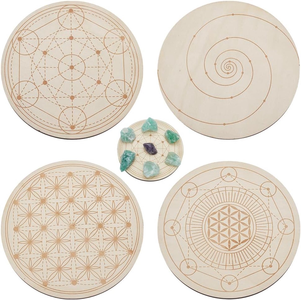 ORIGACH 4 Patterns Wooden Crystal Lattice 15x15cm Round Sacred Geometric Arrangement Crystal Lattice Plate Metatrons - ShopVlot