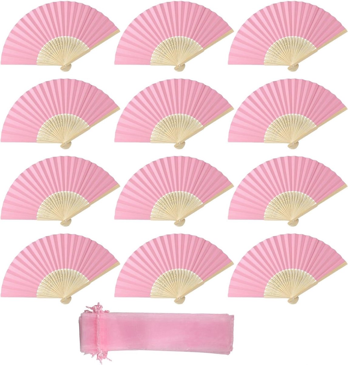 Handfans set van 12 - roze vouwfans - met organza tas - ideaal voor bruiloften - ShopVlot
