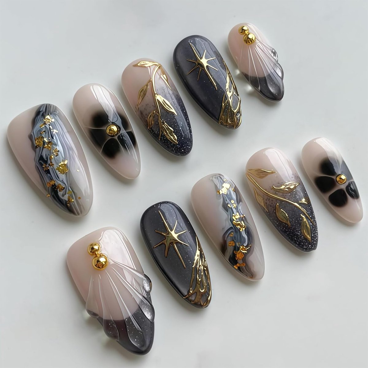 Nepnagels set 30 stuks - medium lengte - 3D marmer met goudblad - elegante manicure voor thuis - ShopVlot