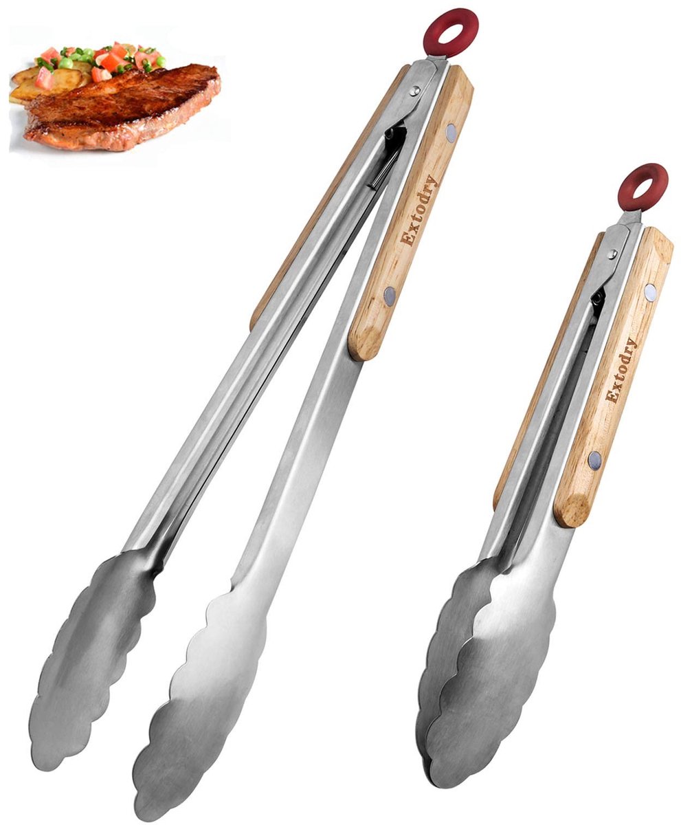 Solidchoice - Set van 2 Roestvrijstalen Keukentangen met Houten Handvatten