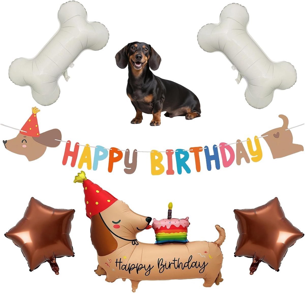 Dachshund verjaardagsbanner set - XXL opblaasbare decoraties - feestelijke hondenmotieven - ShopVlot