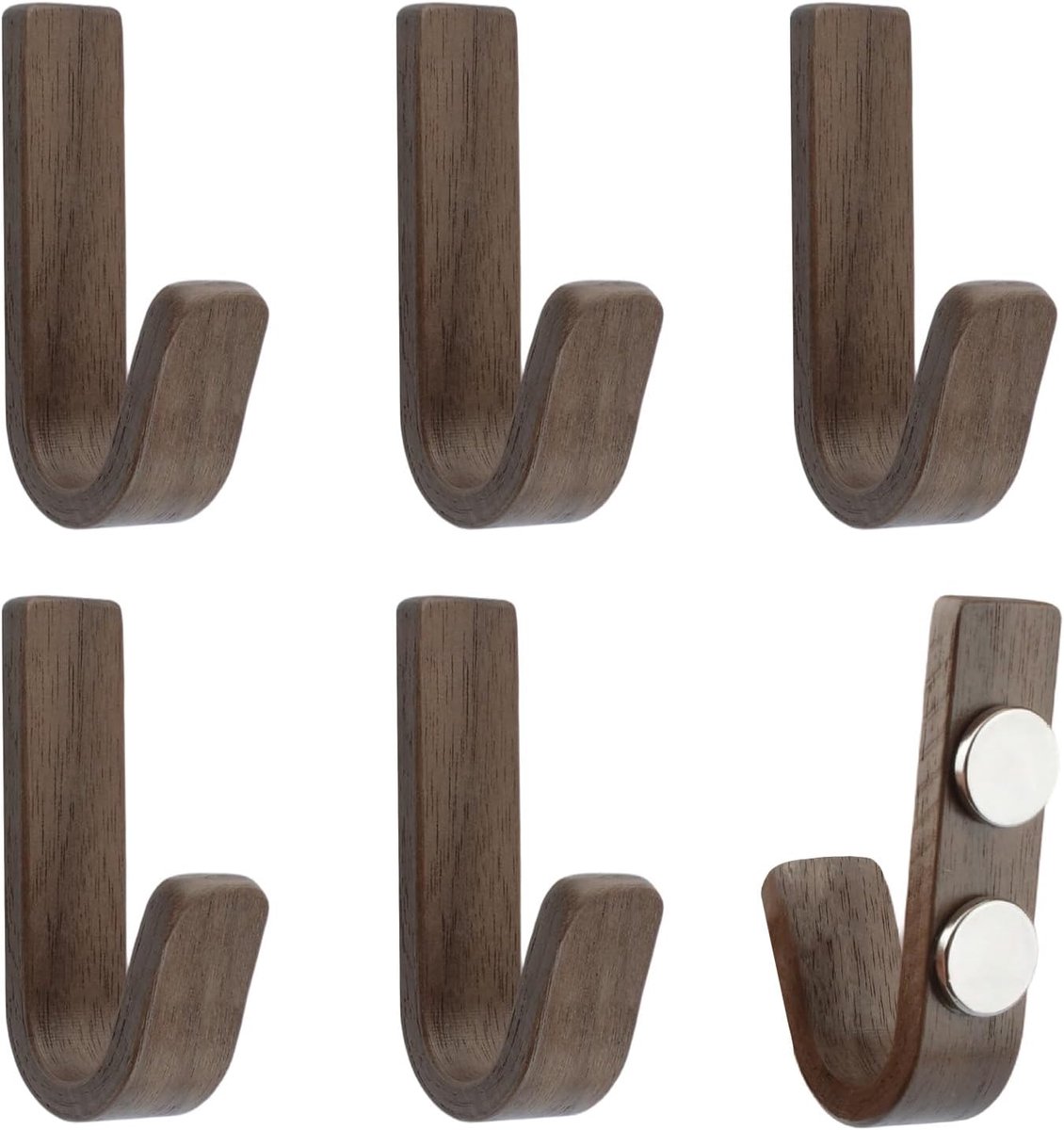 Haken J-vormig 6 Stuks - Natuurlijke Walnoot - Magnetisch - Geschikt voor Muur en Koelkast - ShopVlot