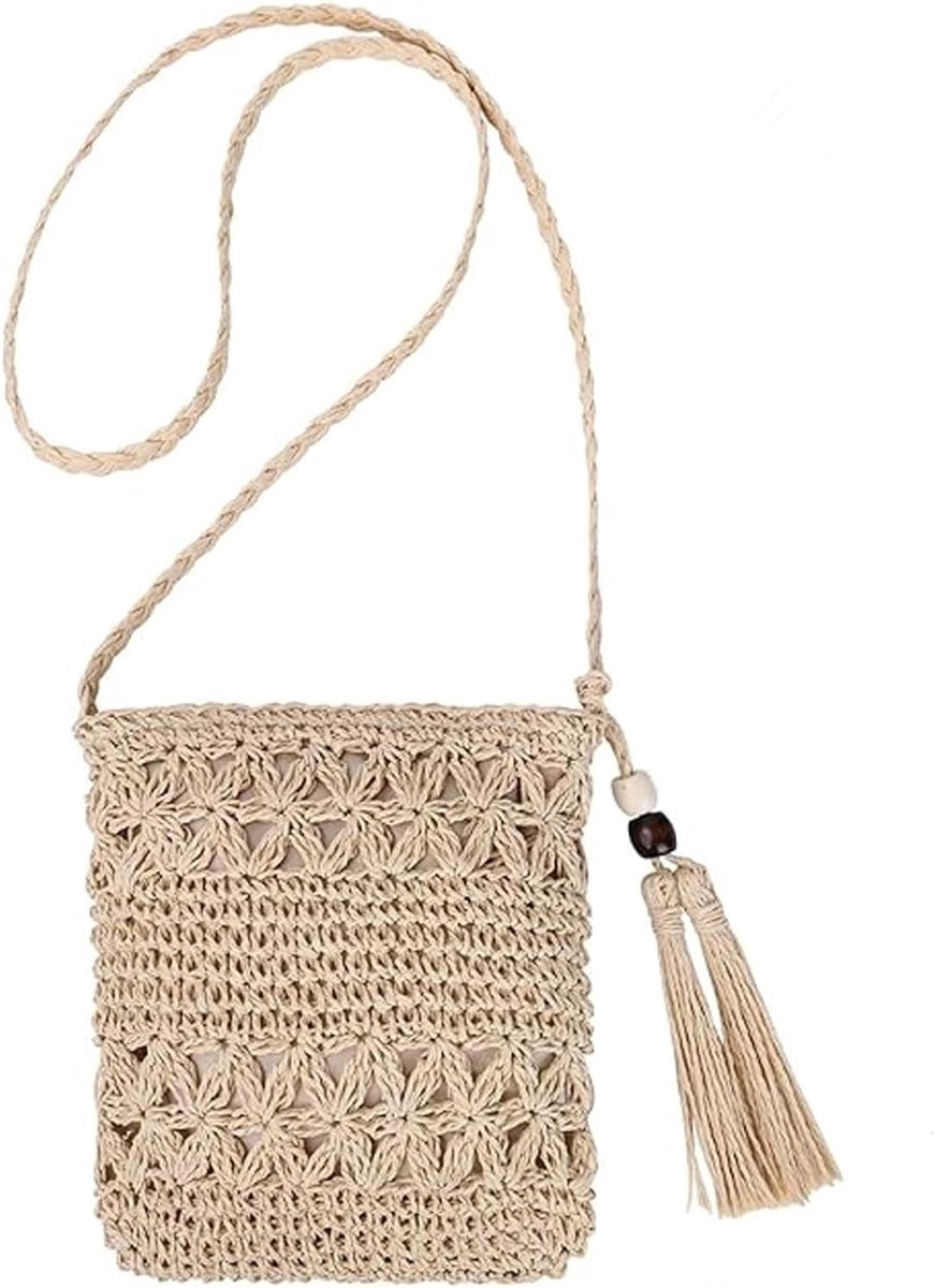 Schoudertas voor dames - beige gevlochten - met kwast - ideaal voor vakantie - ShopVlot