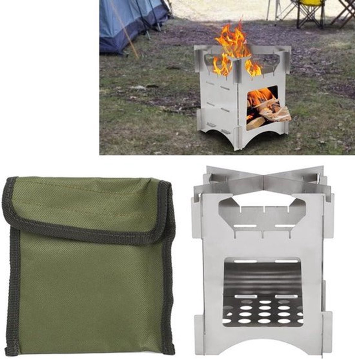 Draagbare Camping Houtkachel 10 * 10cm Opvouwbaar Afneembaar Roestvrijstalen Houtkachel Met Draagtas