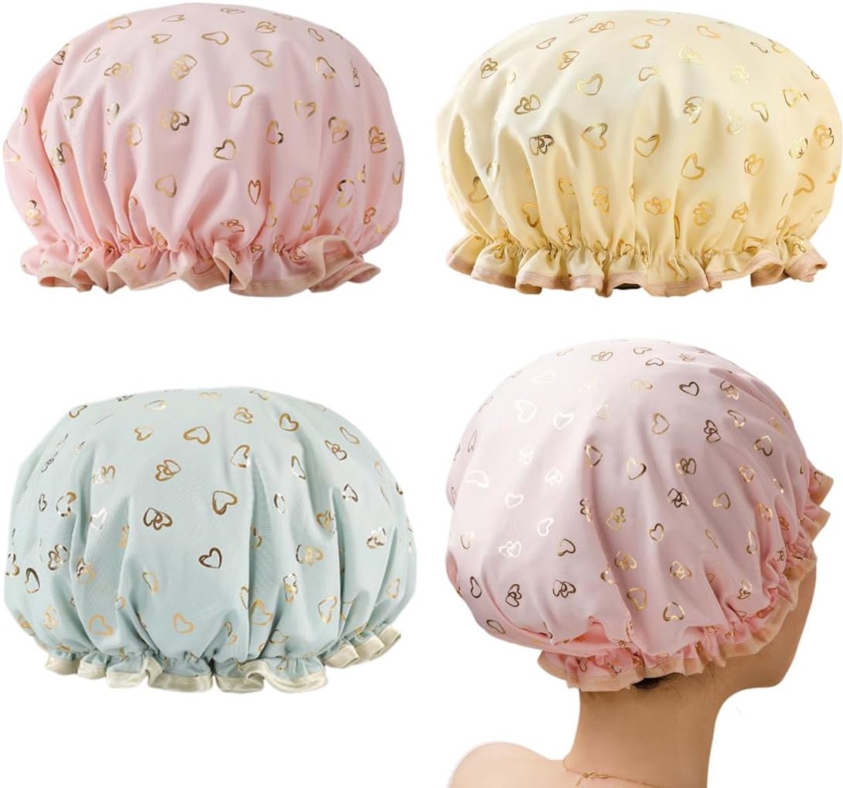 3 x Shower Cap, Elastic Swimming Cap with Double Layer Elastic Ruffle Shower Cap for Women Girls for Home, Spa - ShopVlot