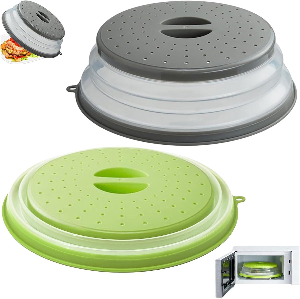 Vouwbare magnetron deksel 26,5 cm - groen + grijs - met stoomgaten - ruimtebesparend en multifunctioneel - ShopVlot