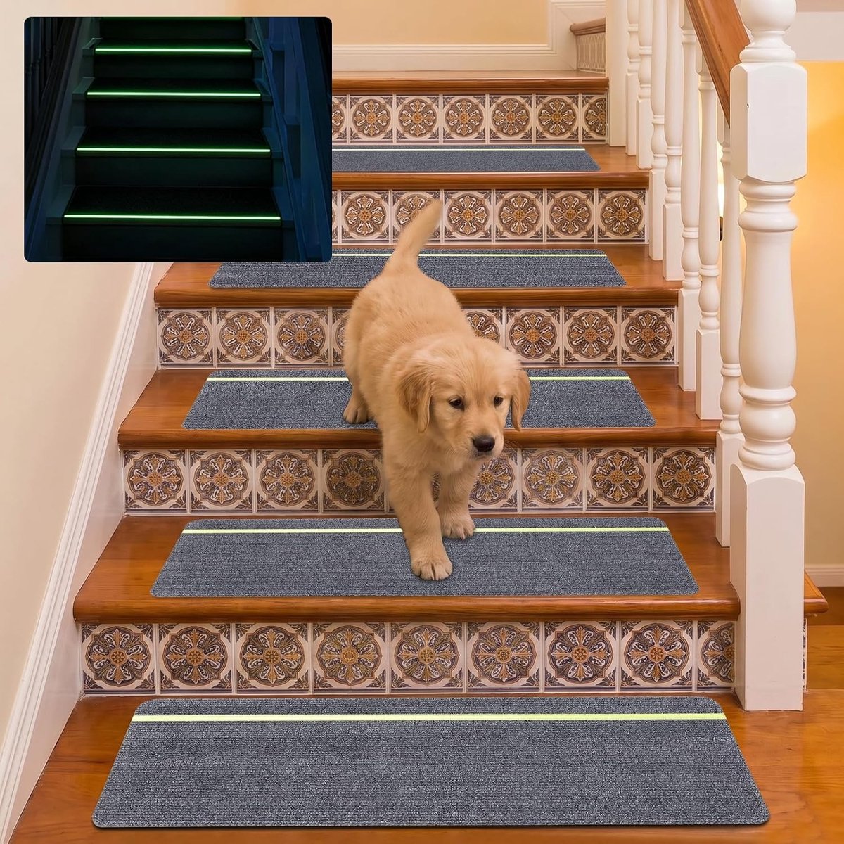Trapmatten met Glow Dark strepen - 15 stuks zelfklevend traptapijt voor houten trappen, 76 x 20 cm, veilig voor kinderen en ouderen, TPE-achterkant, 100% polyester, antislip en duurzaam (donkergrijs)