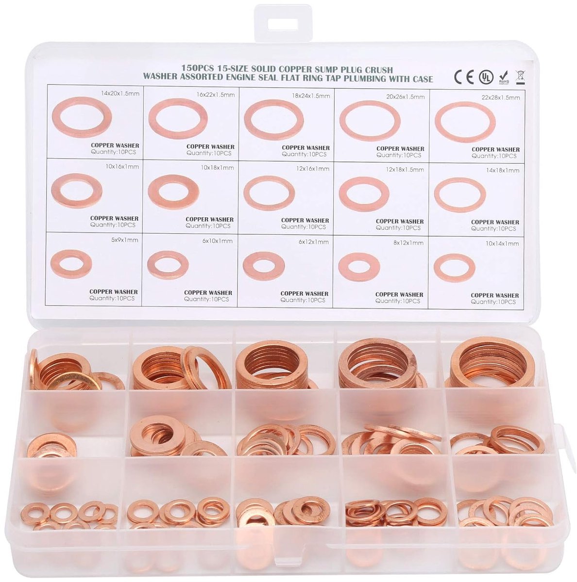 Afdichtringen assortiment 150 stuks - M5-M22 - rood koper - ideaal voor olie- en waterverbindingen - ShopVlot