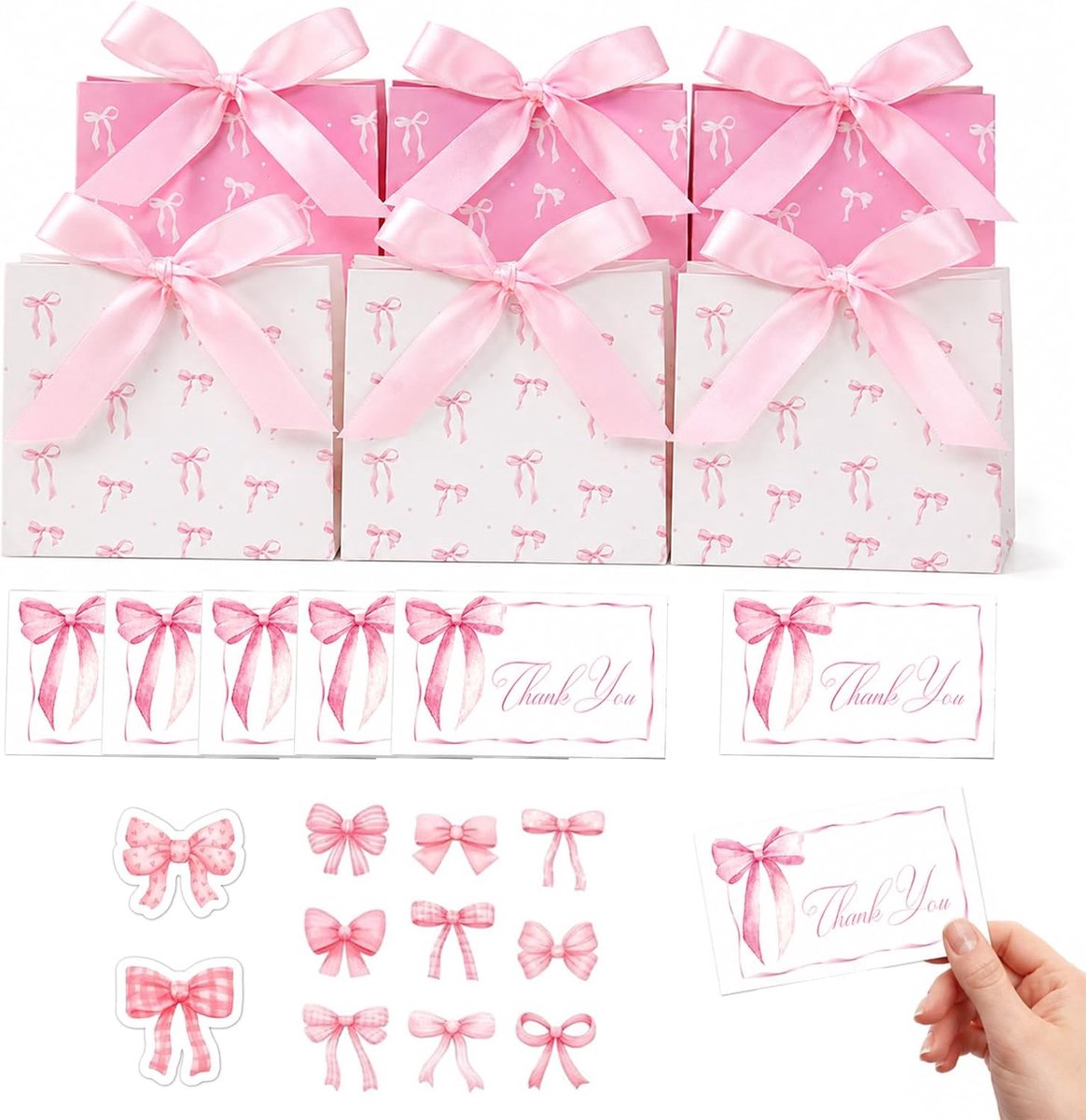 Cadeauzakjes set 6 stuks - papier met strik - roze en wit - perfect voor feestjes - ShopVlot