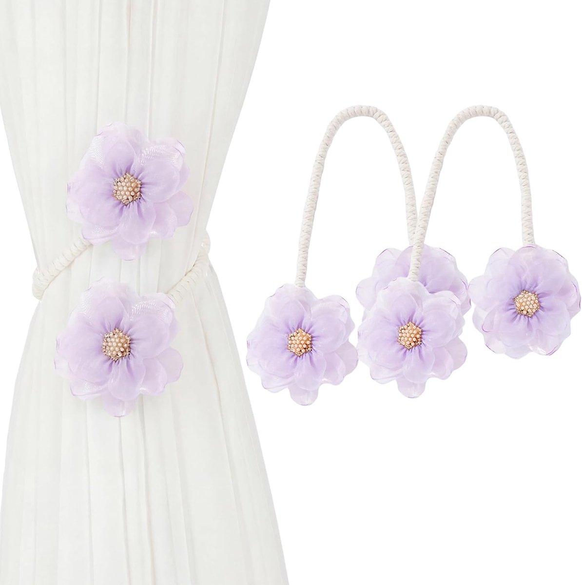 Set van 2 bloemengordijnhouders paarse kralengordijnhouders met bloemenpatroon elegante kamerdecoratie - ShopVlot