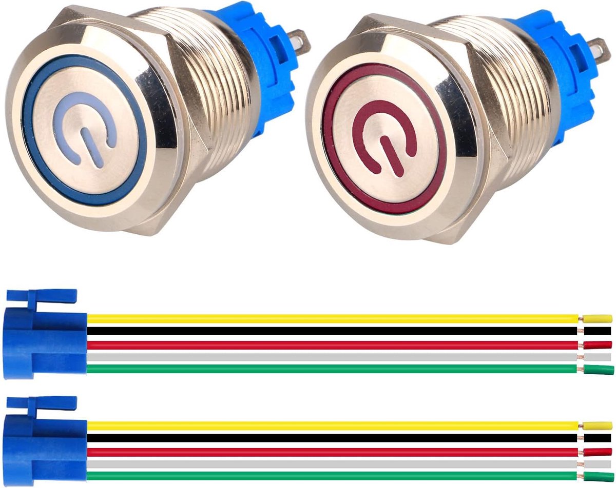 GUUZI 2pcs Locking Push Button 1NO1NC Waterproof Stainless Steel 220V-230V/5A LED Illuminated Switch with Wire Socket - ShopVlot