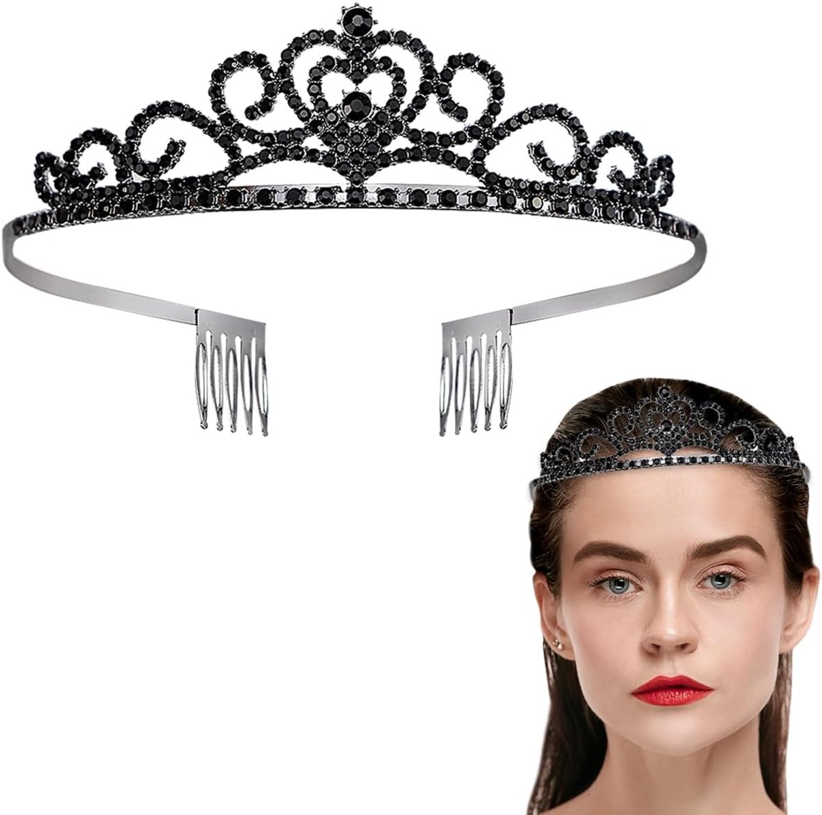 FERCAISH Kristallen kroon tiara met haarkam, zwarte strass bruidskroon, metalen prinsessenkroon volwassenen voor - ShopVlot