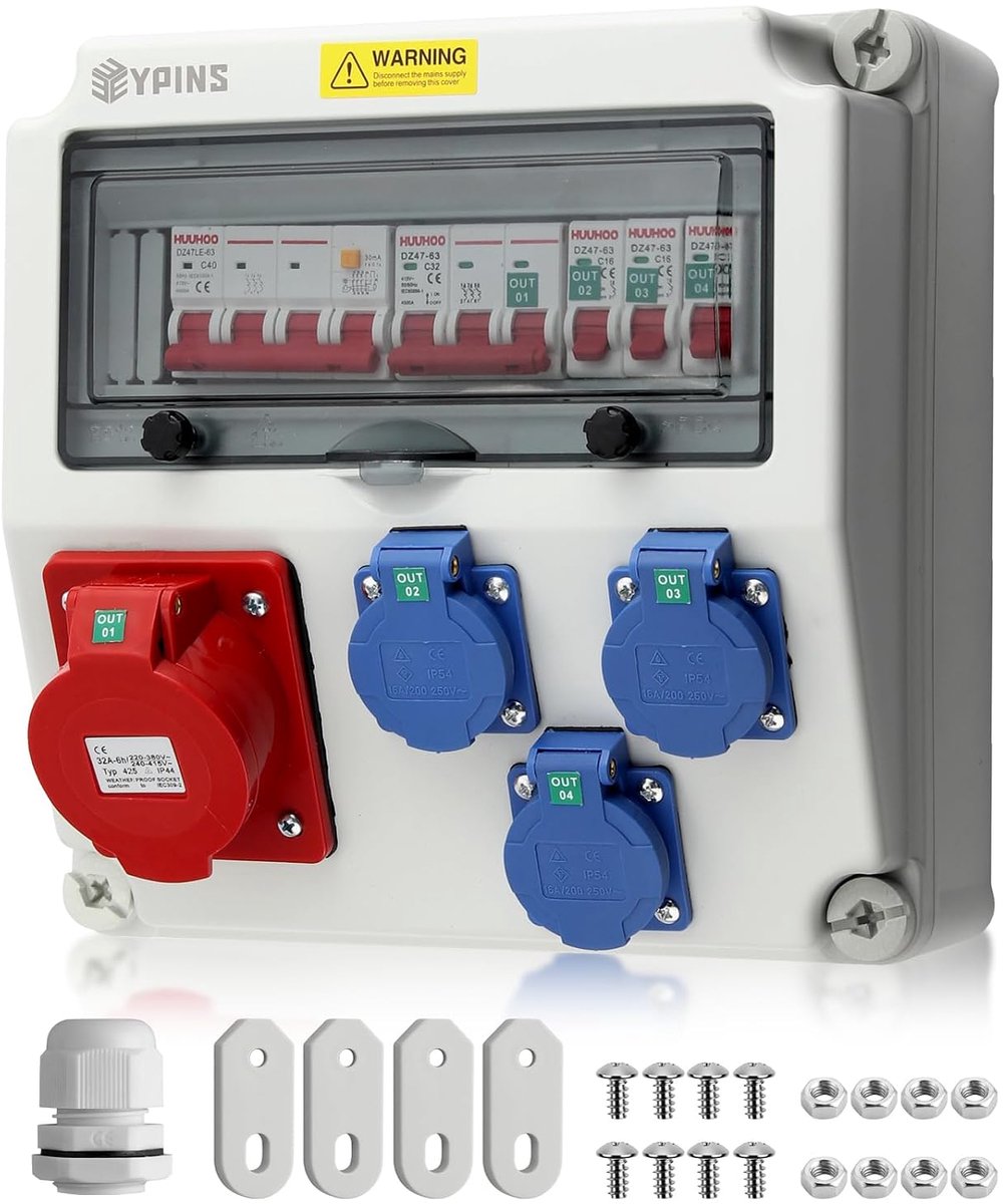 EYPINS Bouwstroomverdeler met LS-schakelaar, wandverdeler 3 x 230 V Schuko-, 1 x CEE-stopcontact 16A/32A - ShopVlot