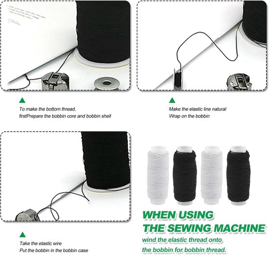 Shirring Elastic Band for Sewing, 4 Rolls Black White Elastic Thread Elastic Spool Elastic Cord Stretch String Shaving - ShopVlot — afbeelding 3