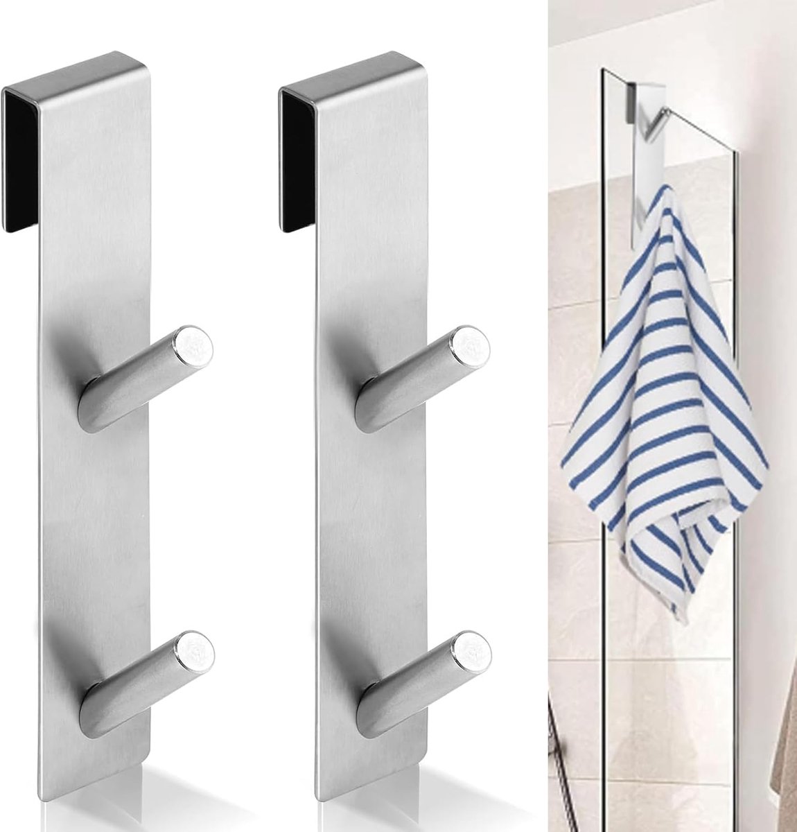 Set of 2 Stainless Steel Shower Hooks, for Hanging, Shower Hooks Without Drilling, Shower Towel Holder, for Glass - ShopVlot