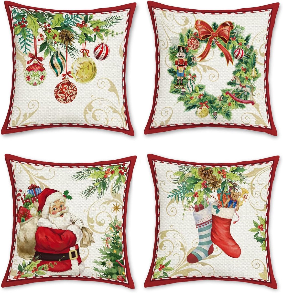 Sierkussens 45 x 45 cm - Polyester linnen - Kerstman en kerstversiering - Perfect voor feestelijke decoratie - ShopVlot