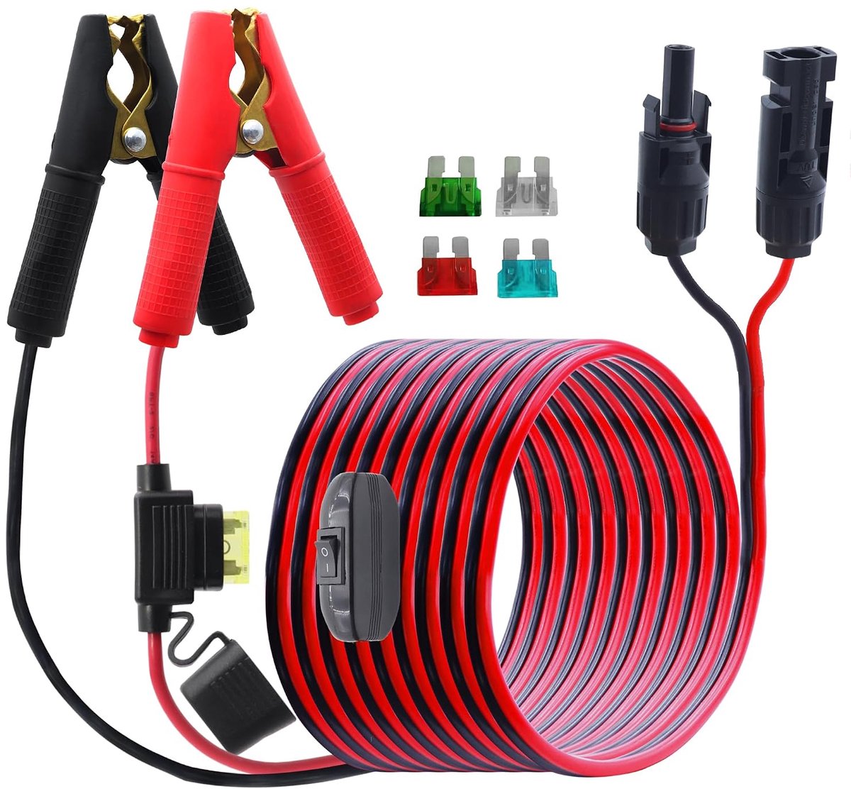 Accu, krokodillenklem naar zonnepaneelkabel met schakelaar - 14 AWG 12V-24V - 20A zekering - ShopVlot