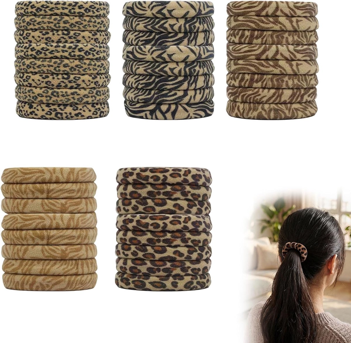 Haarelastiekjes 40 stuks - naadloos - luipaardprint - voor dik en krullend haar - ShopVlot