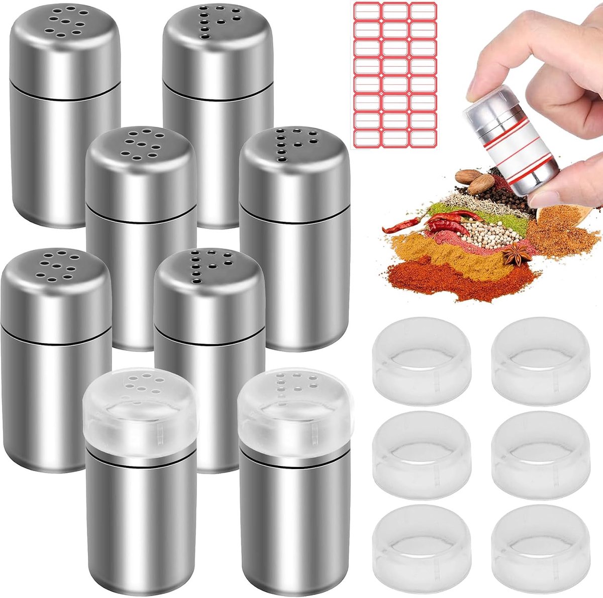 Mini zoutstrooier set van 8 - 15 ml roestvrij staal - lekvrije deksel - ideaal voor onderweg - ShopVlot