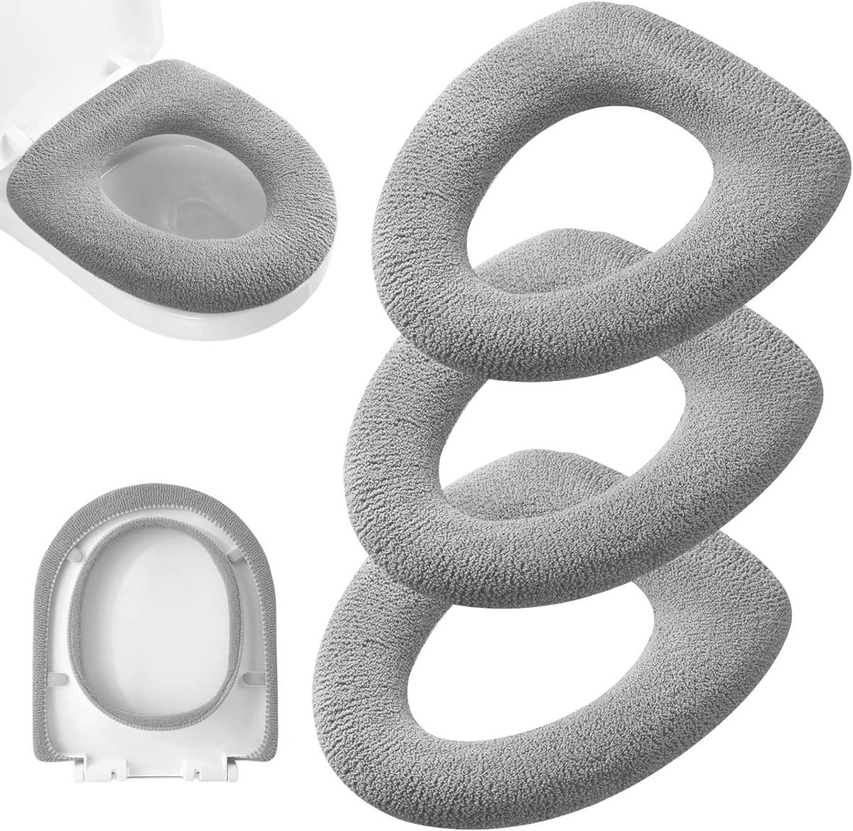 Bathroom, Soft, Thicker, Warmer, Stretchy, Washable Cloth, Toilet Seat Cover Pads, 3 Pack (Grey) - ShopVlot