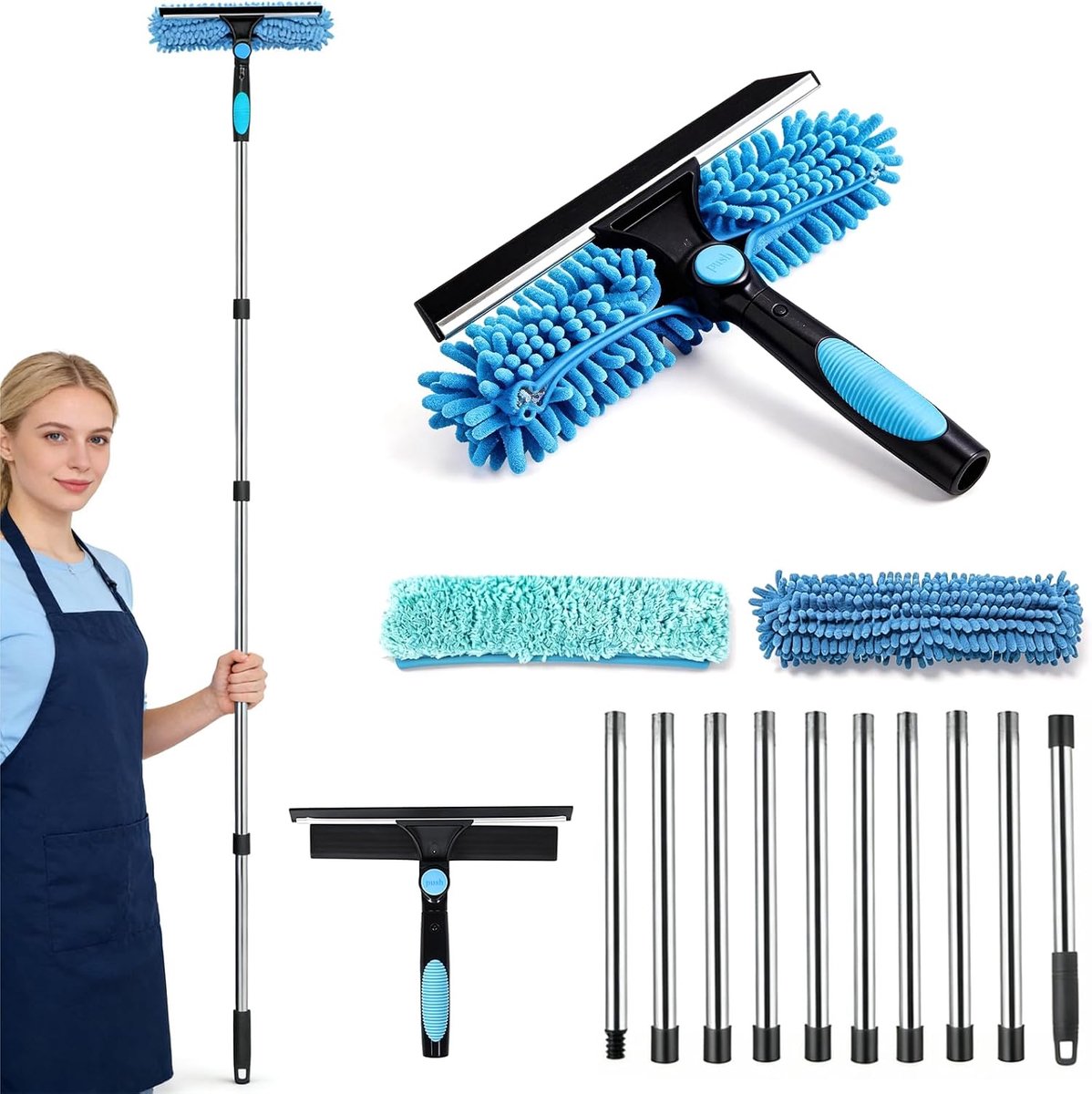 Telescopische raamreiniger, 390 cm, 2-in-1 trekker voor hoge ramen en auto's, blauw - ShopVlot