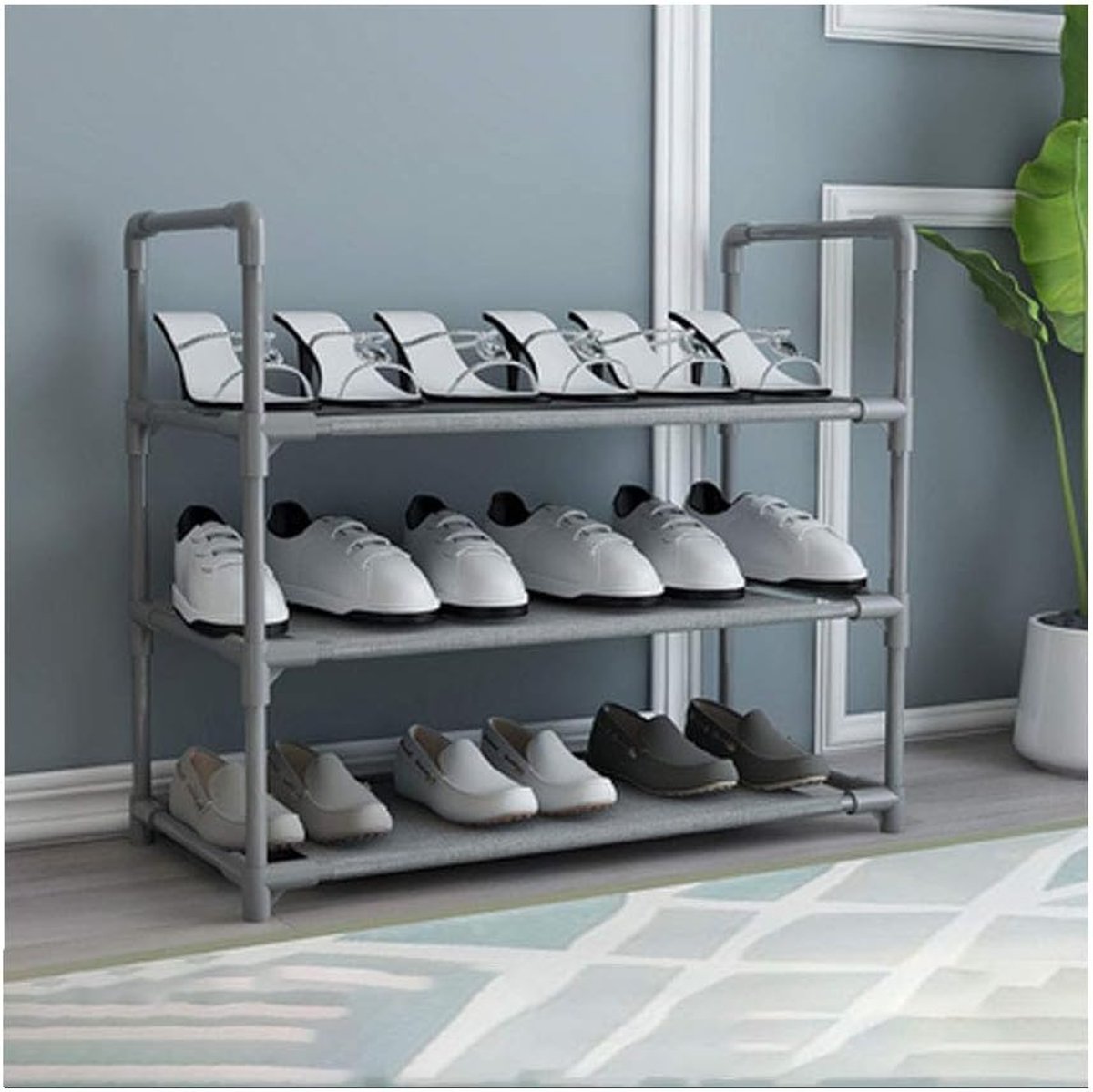 Schoenenrek 3-laags - Grijs non-woven stof - Sterk metalen frame - Ruimtebesparend voor schoenen - ShopVlot