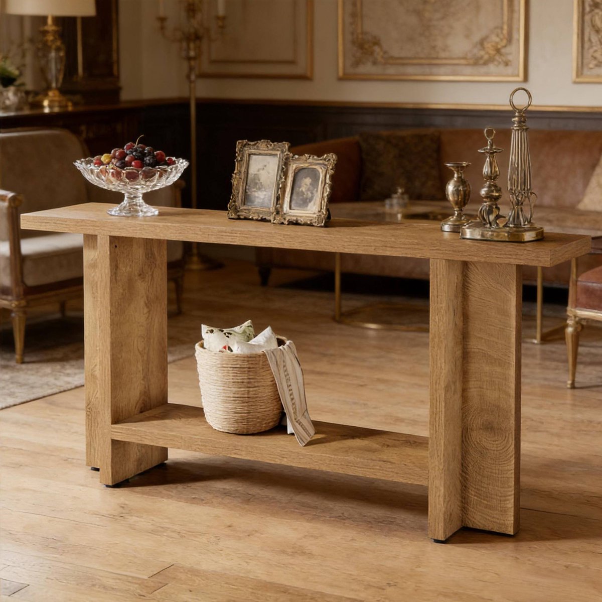 DESMIU Sidetable Met Dubbele Legplank In Landelijke Stijl Voor Hal Woonkamer En Achter De Bank MDF Bruin 150X30X80 Cm