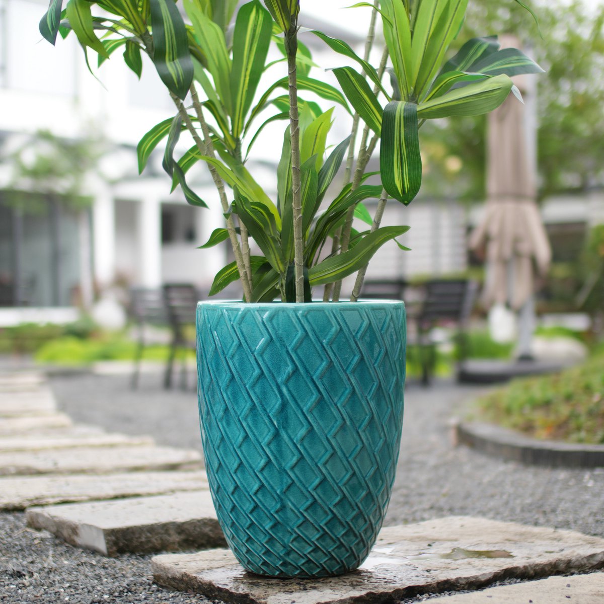Handgemaakte Keramische Plantenpot 42 cm - Grote Bloempot Met Ruitpatroon Vorstbestendig - Glanzend Cyan