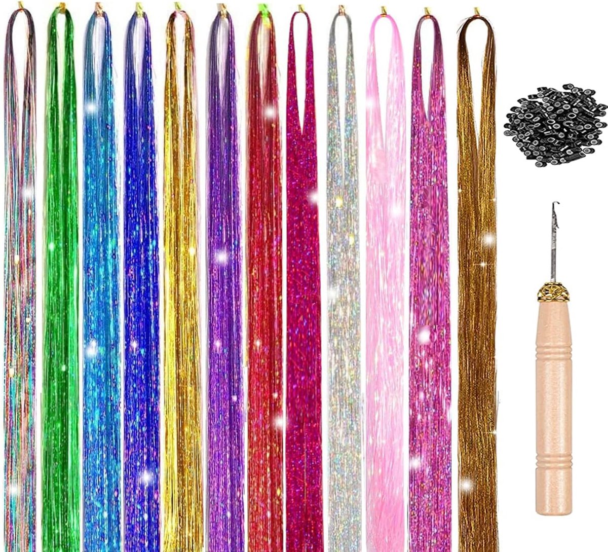 Jinlaili Tinsel Hair Extension 12 Colours Hair Extensions Straight Hair Micro Ring with Tools Synthetic Hair Extensions - ShopVlot