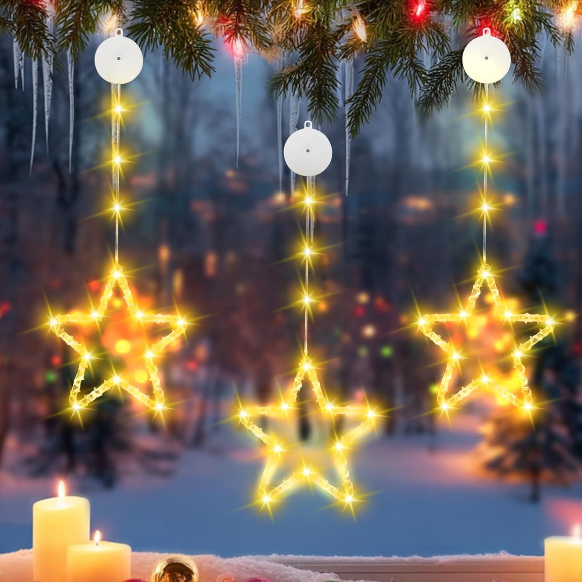 Pack of 3 Christmas Stars Window Lights Warm White 8 Modes Christmas Lights with Suction Cups and Timer, Fairy Lights - ShopVlot