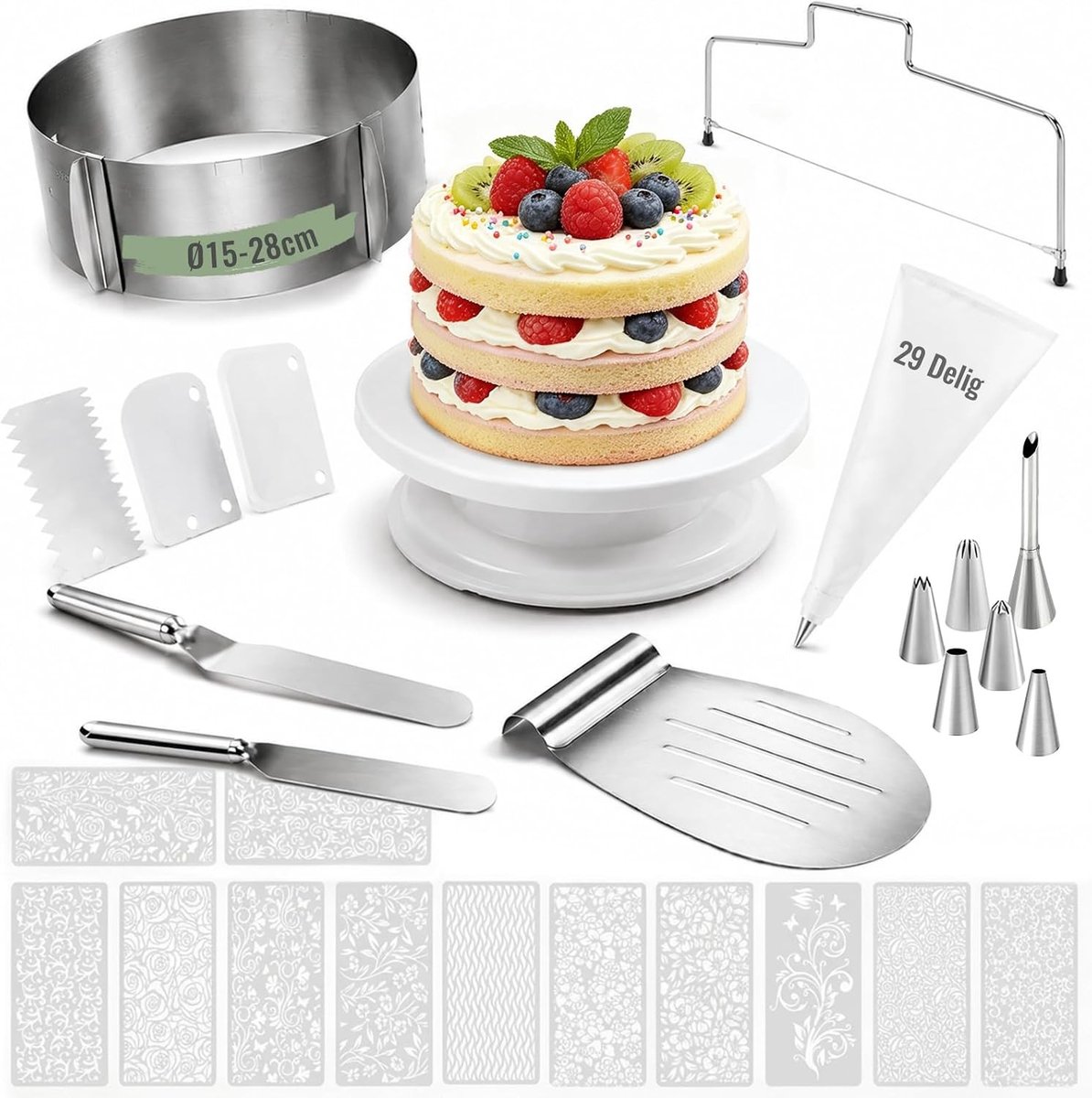 Complete Taartsnijderset van 24-delige accessoires - verstelbare taartring, draaibare taartplaat, spuitzak met spuitmonden en taartsjabloon voor perfecte taarten en gebak