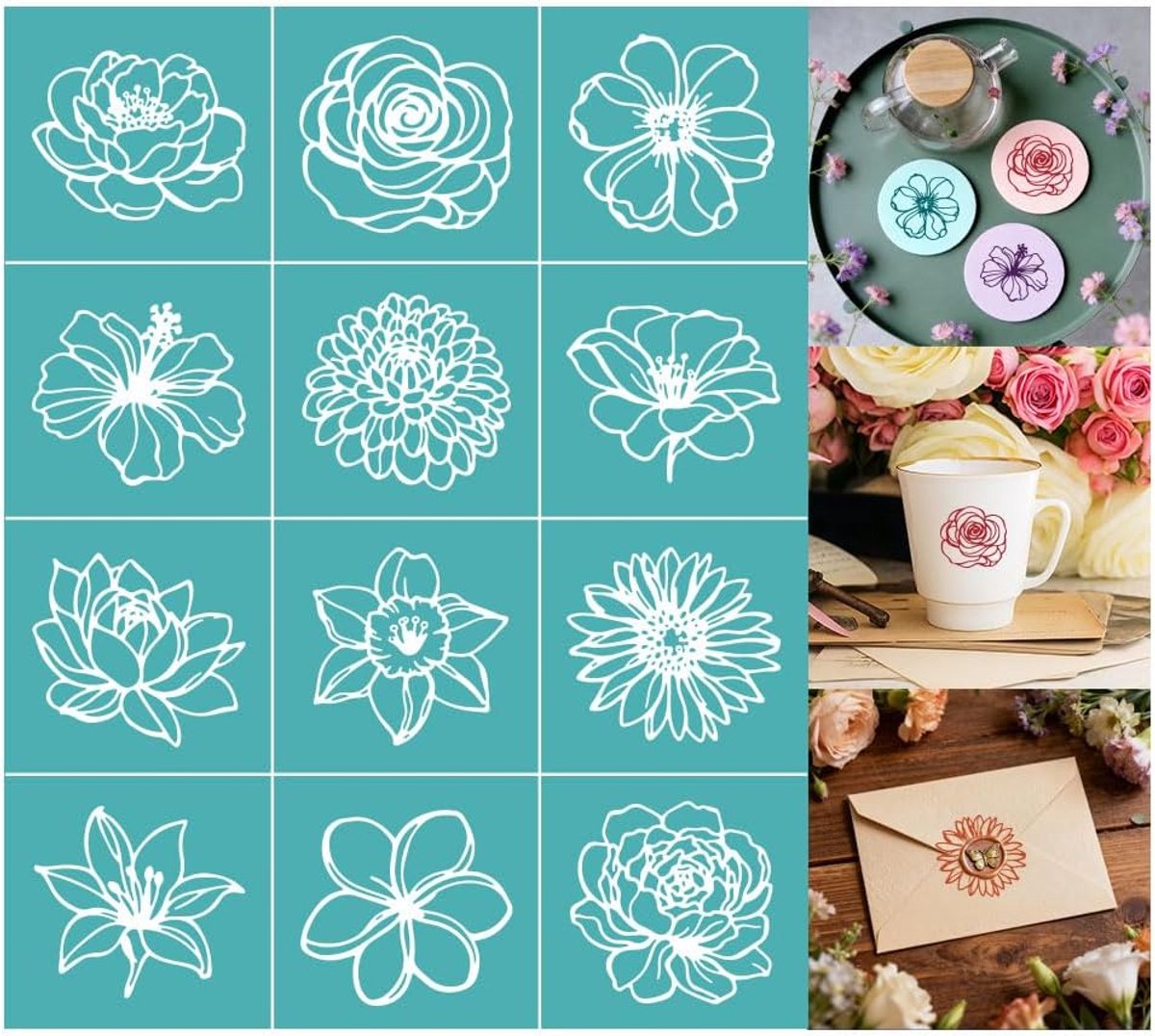 zelfklevende zeefdruksjabloon 12 herbruikbare bloemen - handgetekend - frisse decoratie - perfect voor doe-het-zelvers - ShopVlot