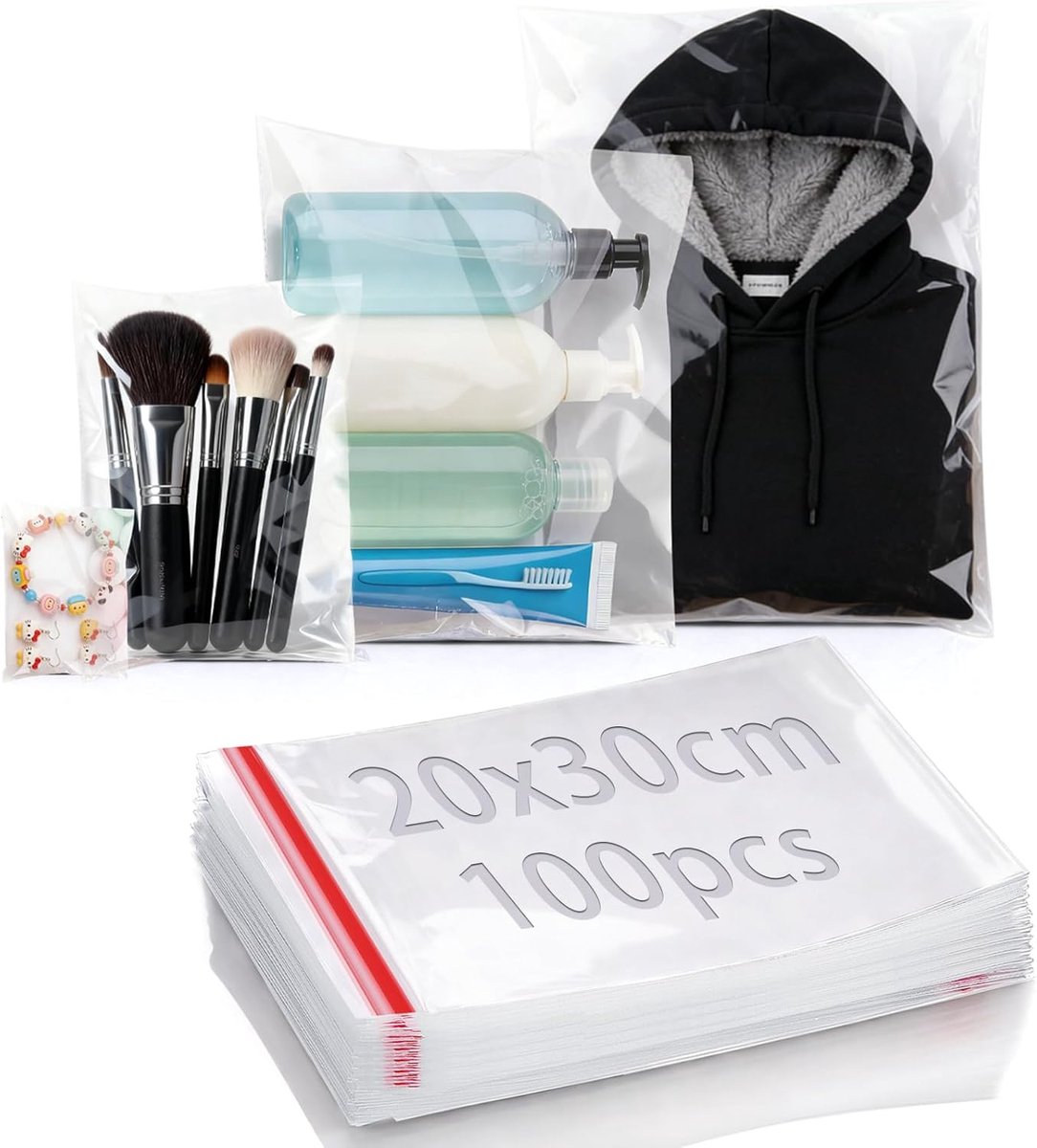 Cellofaan Tassen 20 x 30 cm - Zelfklevende Plastic Tassen - Transparante Verpakking - Voor het Opslaan van Kleding - ShopVlot