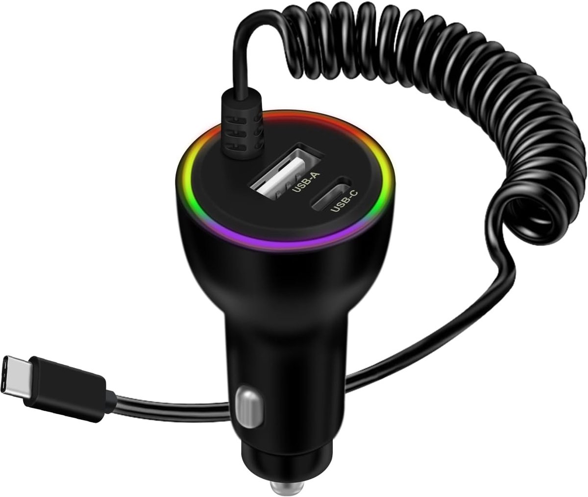 USB oplaadkabel voor in de auto 35 W QC 3.0 - spiraalvormig - met LED - snel opladen van apparaten - ShopVlot