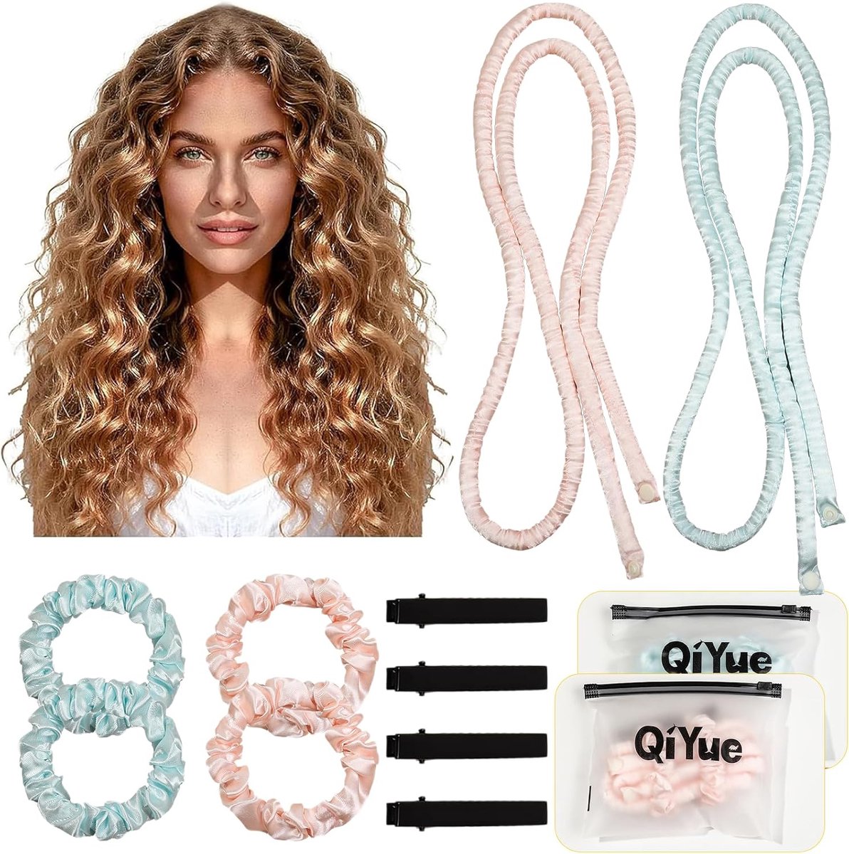 Set van 2 hitteloze krullenbanden 150 cm - roze en blauw - satijnen materiaal - natuurlijke krullen zonder hitte - ShopVlot
