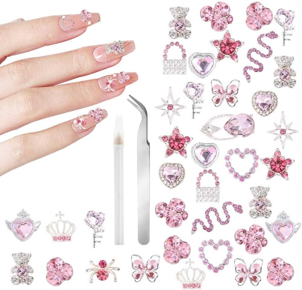 Nail art set 32-delig - 3D gel nagelversiering - met rhinestone hart, strik en vlinder - perfect voor DIY nagels - ShopVlot