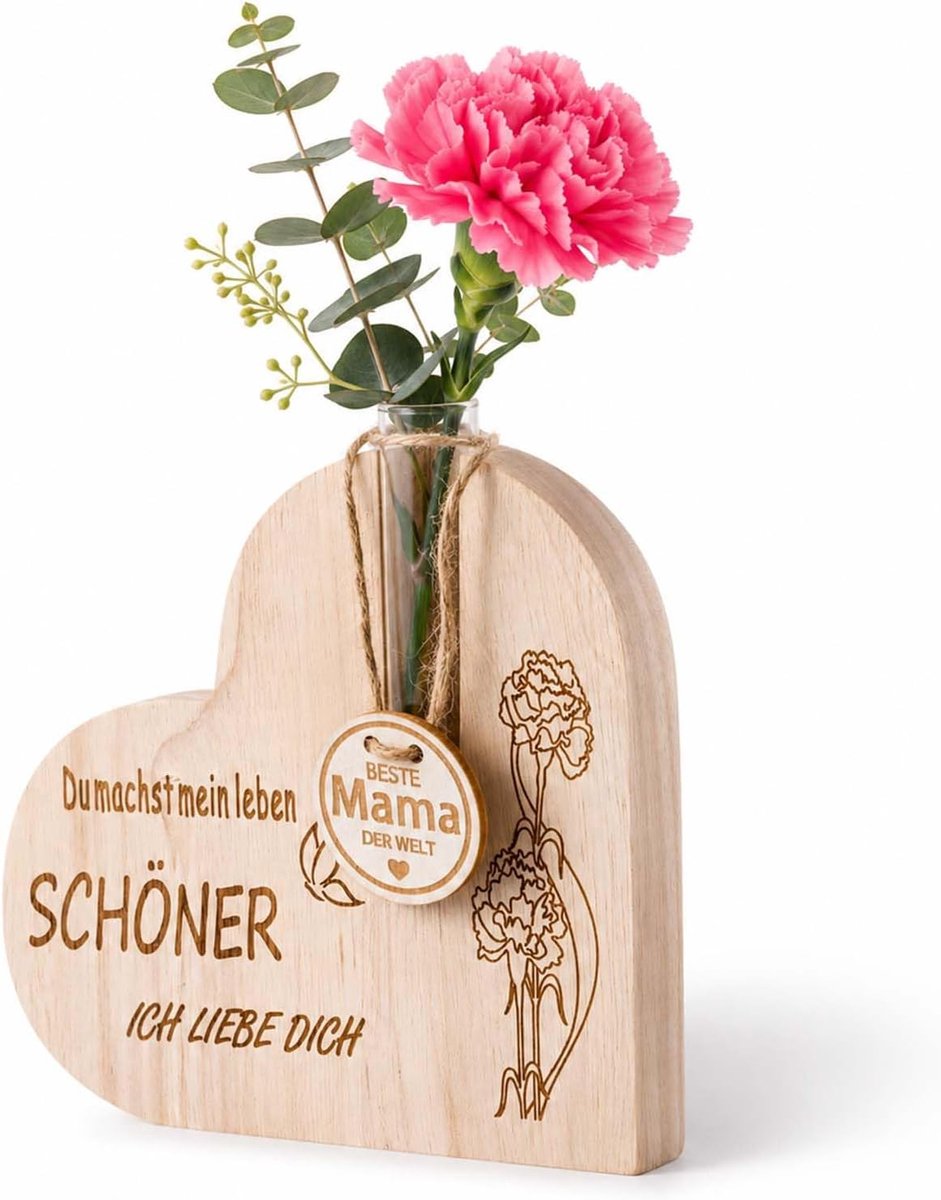 Houten hartvaas - hartvormige vaas met gedroogde bloemen - creatieve bureaudecoratie - brengt natuur in uw interieur - ShopVlot