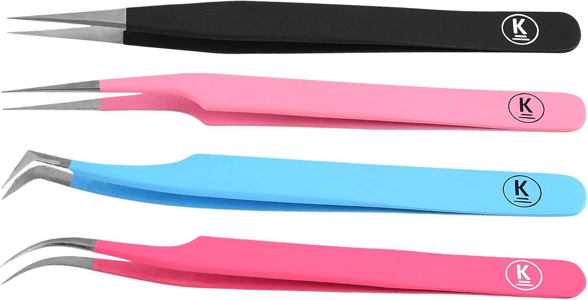 Pincet set 4-delig - RVS - Inclusief etui - Perfect voor wimperextensions - ShopVlot