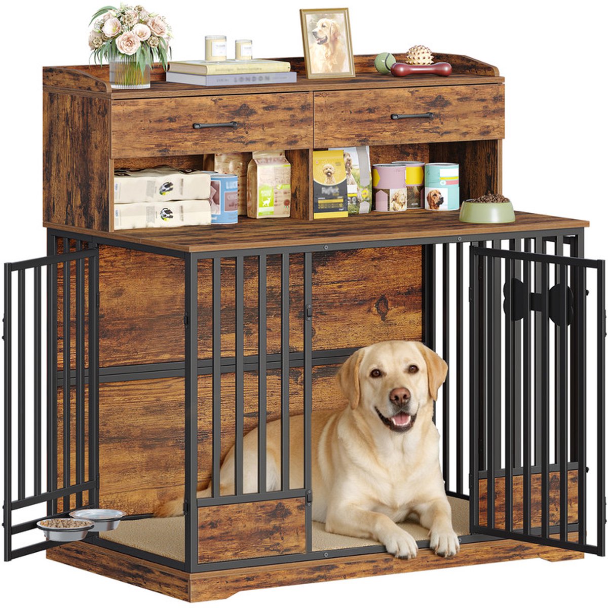 Hzuaneri Hondenbench, 120 cm Drielaags Opbergbench met Draaibare Voerbakken, 2 Lades en Kussen, XXL Hondenbench voor Middelgrote tot Grote Honden, 120 x 75 x 126 cm, Vintage Bruin