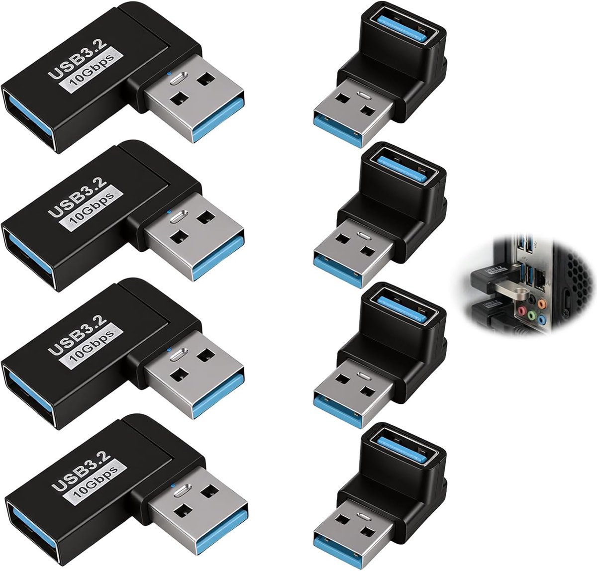 8 stuks USB 3.0 90 graden hoekadapter, USB 3.0 adapter 90 graden, adapters met zijdelingse en verticale kromming - ShopVlot