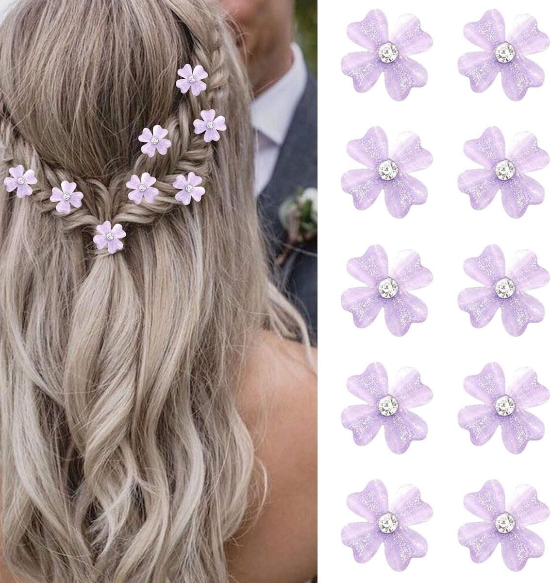 10 Stuks Haarspelden - Lila Bloemen & Strass - Voor Bruiloft & Feestjes