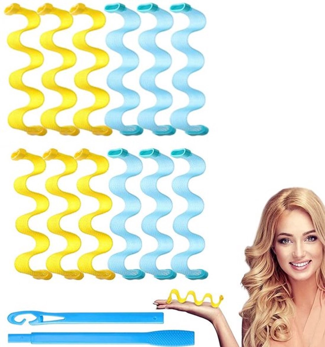 Krulspelden 12 Stuks - Hittevrije Krulset - Kunststof - Styling Haken - 25 cm - Geel/Blauw - Haarrollers