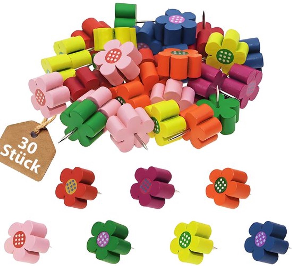 Punaises 30 Stuks - Houten Punaises - Bloemvorm - Gesorteerde Kleuren - Stalen Punt - Voor Prikbord - Prikspelden