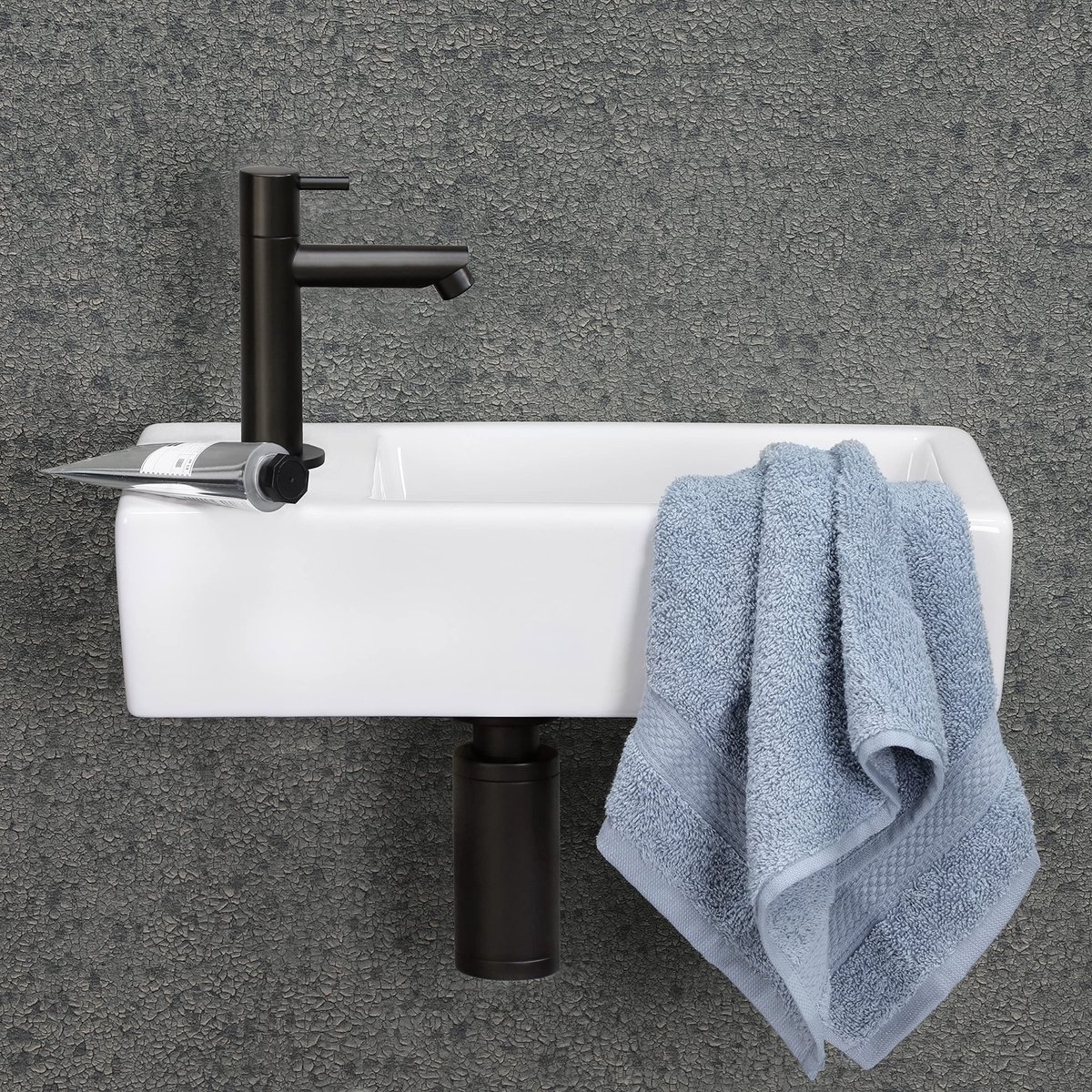 Wastafel 37,5 x 18 cm - Keramiek wit/zwart - Kraan links - Ideaal voor kleine ruimtes - ShopVlot
